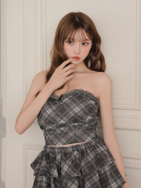 画像2: 【予約商品/10月上旬発送予定】XSサイズあり【ROBE de FLEURS/ローブドフルール】チェック/ ベアトップ/ フリル/ ティアード/ フレア/ セットアップ/ ミニドレス/ キャバドレス[OF08] (2)
