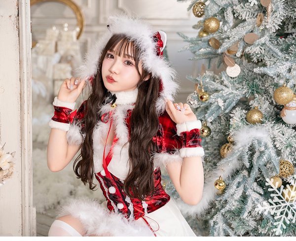 画像6: 【即日発送】【クリスマスコスプレ7点セット】【Malymoon/マリームーン】レースアップ猫耳チェックサンタ【フリーサイズ/1カラー】[HC03] (6)