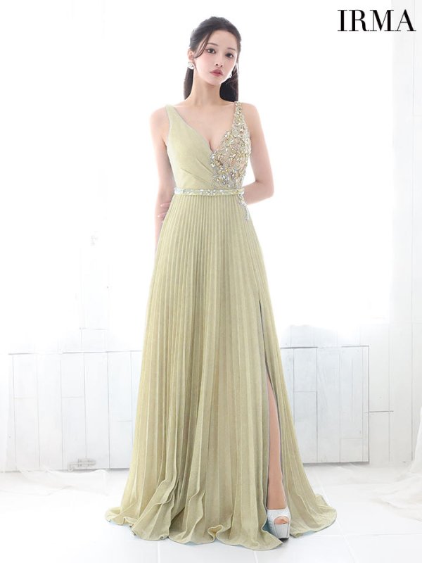 画像2: 【IRMA/イルマ】ラメ/ プリーツ/ ビジュー/ シアー/ スリット/ フレア/ ロングドレス/ キャバドレス long[OF2A] (2)