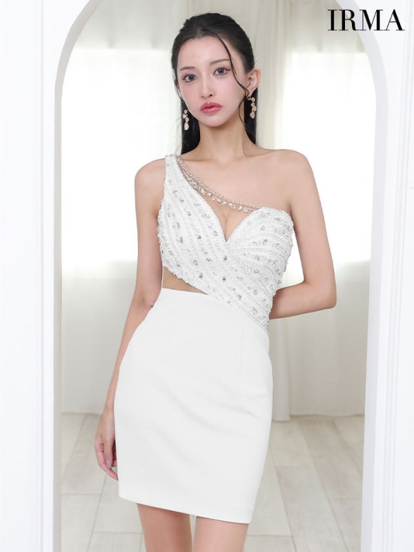画像4: XSサイズあり【IRMA/イルマ】ビジュー/ 刺繍/ ワンショル/ シアー/ アシンメトリー/ ストレッチ/ タイト/ ミニドレス/ キャバドレス[OF2A] (4)