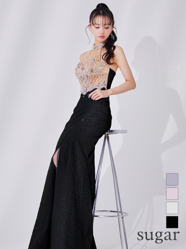 画像1: 【IRMA/イルマ】ビジュー/ シースルー/ ホルターネック/ ラメニット/ ストレッチ/ ロングドレス/ キャバドレス long[OF2A] (1)