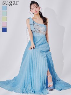 【IRMA/イルマ】ワンショルダー/ ラメニット/ フラワーレース/ ビーズ刺繍/ スリット/ ショルダーリボン/ ロングドレス/ キャバドレス long