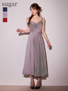 ショルダーリボン/ バストドレープ/ キャミソール/ サテン/ ハイウエスト/ Aライン/ フレア/ ミディアムドレス/ キャバドレス