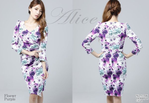 画像5: XLサイズあり【Alice/アリス】フラワープリント/ 七分袖/ タイト/ ミディアム丈/ミニドレス/ キャバドレス【HC03】 (5)