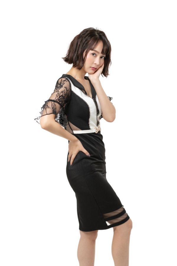 画像4: XLサイズあり【Alice/アリス】レース/ アンブレラスリーブ/ デザインネック/ タイト/ ミディアム丈/ミニドレス/ キャバドレス【HC03】 (4)