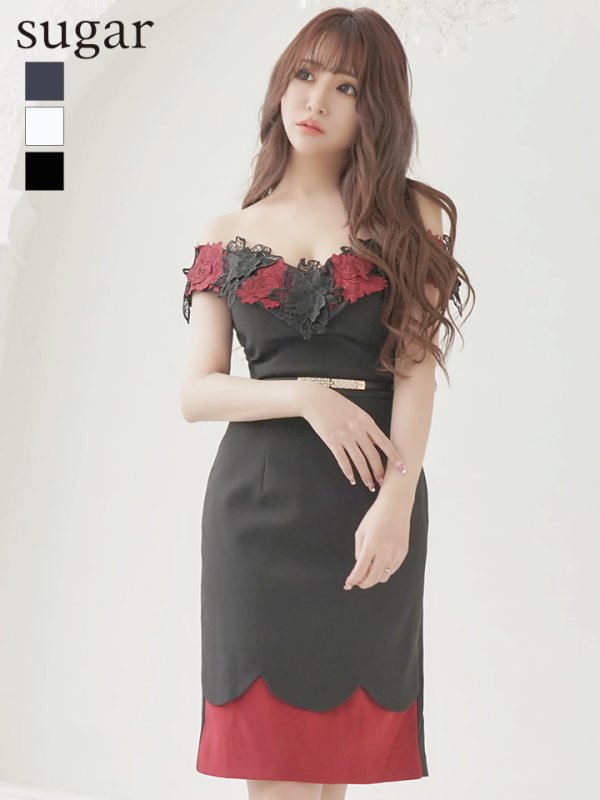 【Alice/アリス】フラワーレース/ オフショルダー/ベルト/ ミニドレス/ キャバドレス/ブラック