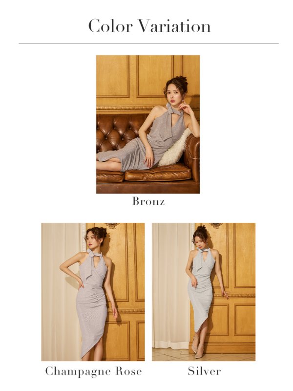 画像21: Lサイズあり【JEAN MACLEAN/ジャンマクレーン】ネックリボン/ ラメニット/ タック/ アシンメトリー/ ストレッチ/ タイト/ ミディアムドレス/ キャバドレス[OF2A] (21)