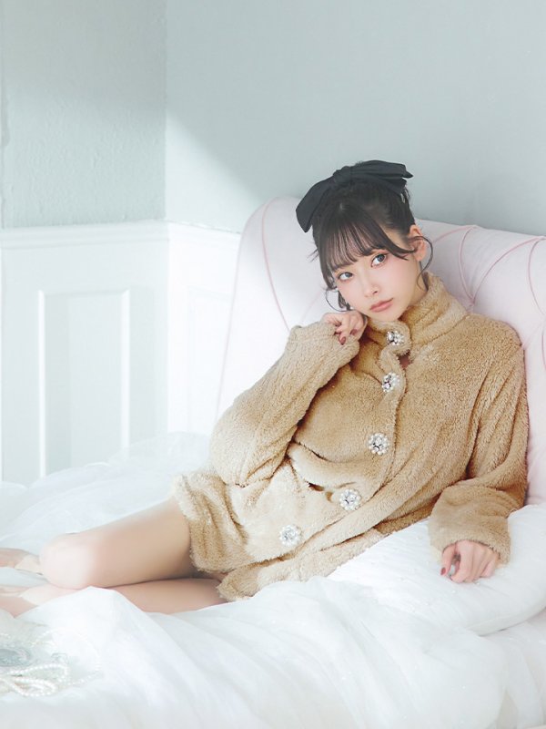 画像4: 【小物SALE】【ルームウェア】もこもこ/ パールボタン/ ハイネック/ 長袖/ ポケット付き/ パンツ/ セットアップ/ ルームウエア[HC02] (4)