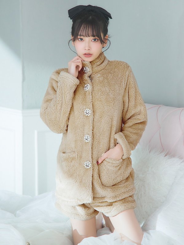 画像5: 【小物SALE】【ルームウェア】もこもこ/ パールボタン/ ハイネック/ 長袖/ ポケット付き/ パンツ/ セットアップ/ ルームウエア[HC02] (5)