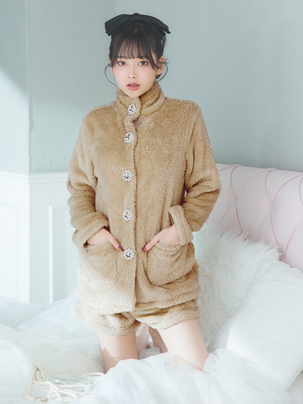 画像7: 【小物SALE】【ルームウェア】もこもこ/ パールボタン/ ハイネック/ 長袖/ ポケット付き/ パンツ/ セットアップ/ ルームウエア[HC02] (7)