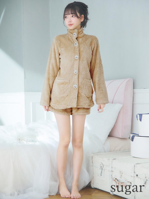 画像12: 【小物SALE】【ルームウェア】もこもこ/ パールボタン/ ハイネック/ 長袖/ ポケット付き/ パンツ/ セットアップ/ ルームウエア[HC02] (12)