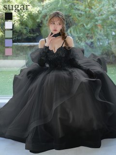 【JEAN MACLEAN/ジャンマクレーン】チョーカー/ 袖付き/ 2way/ オフショル/ パフスリーブ/ 長袖/ 立体フラワー/ シアー/ チュール/ フリル/ スパンコール/ ビーズ刺繍/ フレア/ プリンセス/ ロングドレス/ キャバドレス long