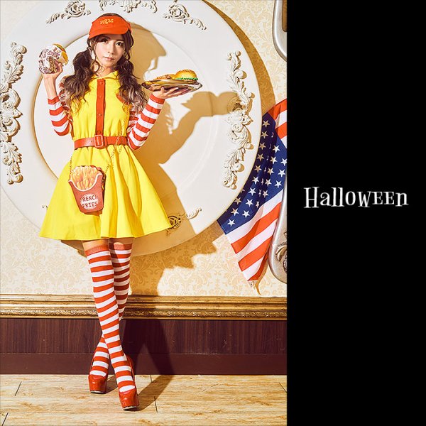 画像2: 【SALE!!】【即日発送】ハンバーガーショップガール/ウェイトレスコスプレ/フレアスカート/ロングスリーブ/Aライン【ハロウィン3点セット】【S-XLサイズ/1カラー】(B017SB/STEE07R)[HC03] (2)