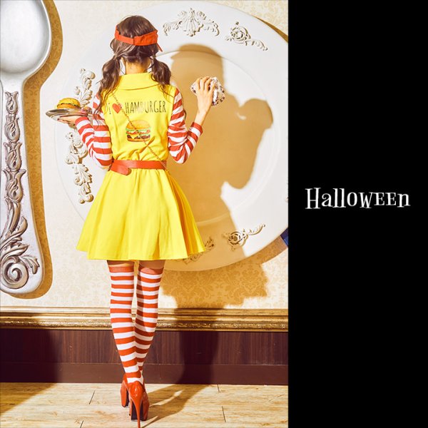 画像4: 【SALE!!】【即日発送】ハンバーガーショップガール/ウェイトレスコスプレ/フレアスカート/ロングスリーブ/Aライン【ハロウィン3点セット】【S-XLサイズ/1カラー】(B017SB/STEE07R)[HC03] (4)