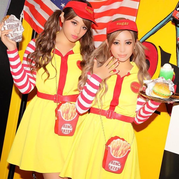 画像2: 【SALE!!】ハンバーガーショップガール/ウェイトレスコスプレ/フレアスカート/ロングスリーブ/Aライン【ハロウィン3点セット】【S-XLサイズ/1カラー】(v01/STEE07R)[HC03] (2)