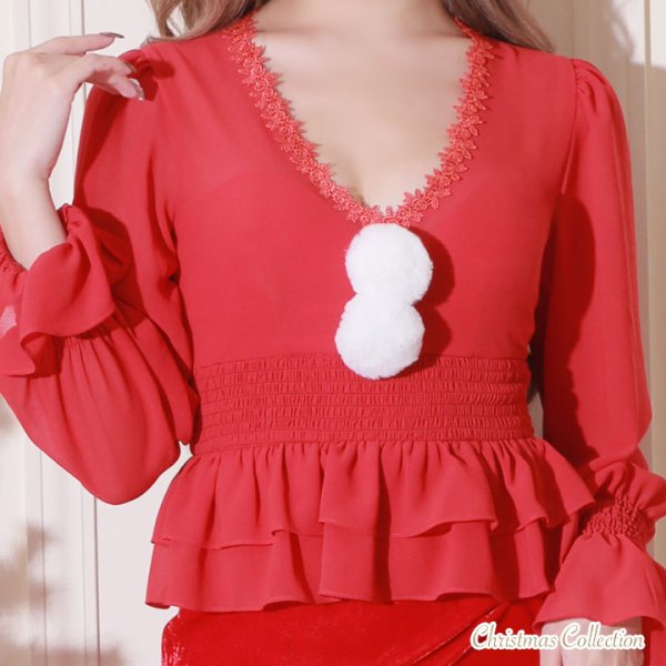 画像3: SALE!【X'mas3点セット】ハイウエストペプラムシフォンサンタコスプレ[OF01] (3)