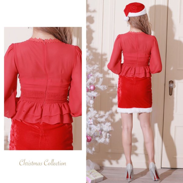 画像5: SALE!【X'mas3点セット】ハイウエストペプラムシフォンサンタコスプレ[OF01] (5)