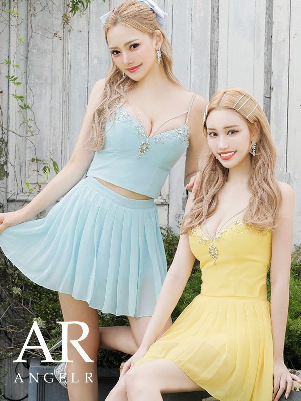 画像1: XSサイズあり【ANGEL R/エンジェルアール】バストストーンビジュー/ セパレート/ キャミソール/ セットアップ/ プリーツシフォンスカート/ フレア/ マイクロミニ/ ミニドレス/ キャバドレス[OF2] (1)