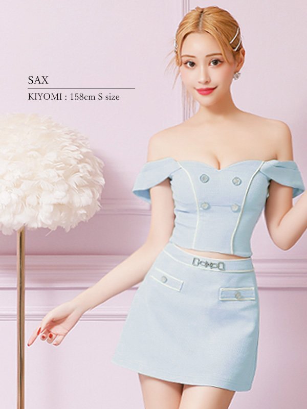 画像21: XSサイズあり【PURESS/ピュアレス】チェーンショルダー/ ボタン/ チャーム/ オフショルダー/ セパレート/ フレア/ マイクロミニ/ ミニドレス/ キャバドレス[OF5] (21)