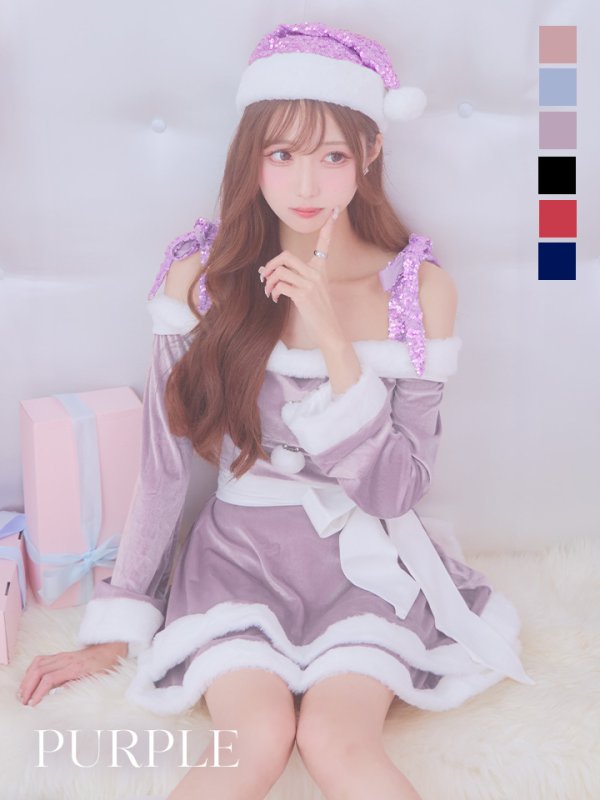 画像1: 【即日発送！】【サンタコス 4点セット】【S-XLサイズ/6カラー】グリッターリボン2段フレアサンタコスプレ[YMT] (1)