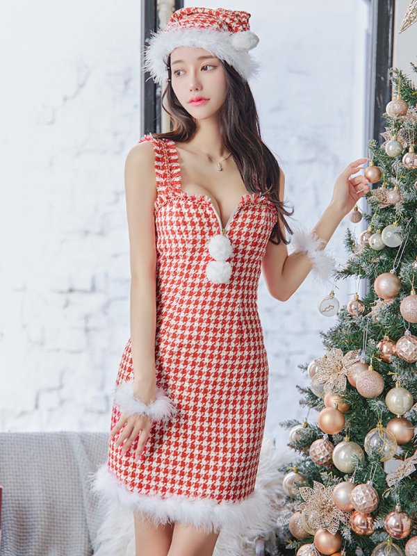 画像13: SALE!【サンタコス 4点セット】【XS-XLサイズ/2カラー】チェーンモチーフフロントジップタイトドレスサンタコスプレ[YMT] (13)