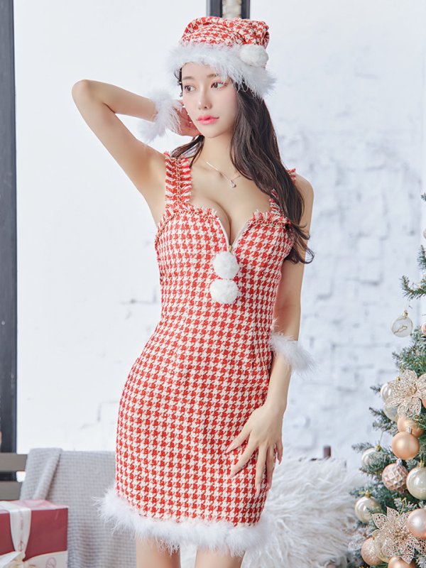 画像14: SALE!【サンタコス 4点セット】【XS-XLサイズ/2カラー】チェーンモチーフフロントジップタイトドレスサンタコスプレ[YMT] (14)