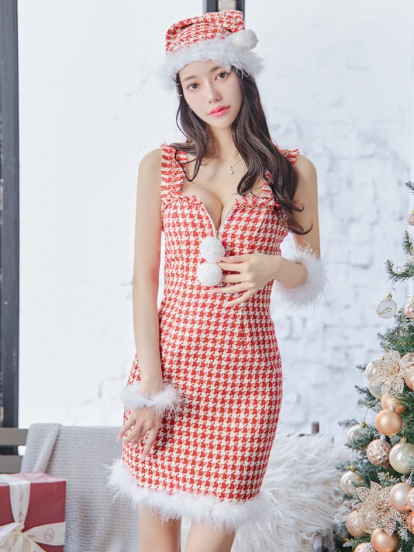 画像15: SALE!【サンタコス 4点セット】【XS-XLサイズ/2カラー】チェーンモチーフフロントジップタイトドレスサンタコスプレ[YMT] (15)