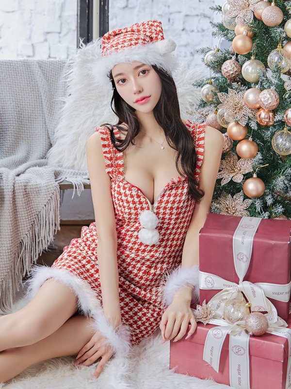 画像2: SALE!【サンタコス 4点セット】【XS-XLサイズ/2カラー】チェーンモチーフフロントジップタイトドレスサンタコスプレ[YMT] (2)