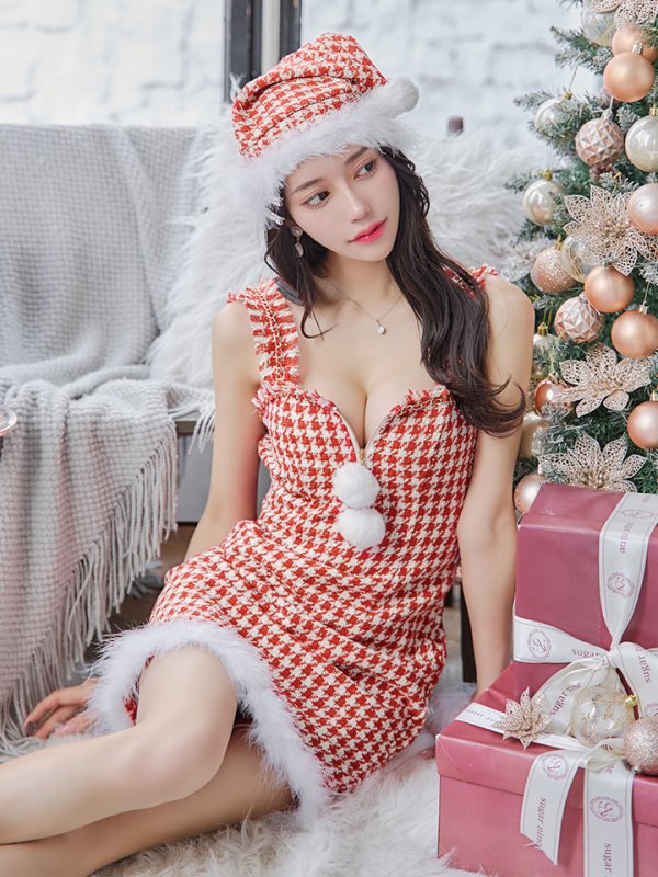 画像8: SALE!【サンタコス 4点セット】【XS-XLサイズ/2カラー】チェーンモチーフフロントジップタイトドレスサンタコスプレ[YMT] (8)