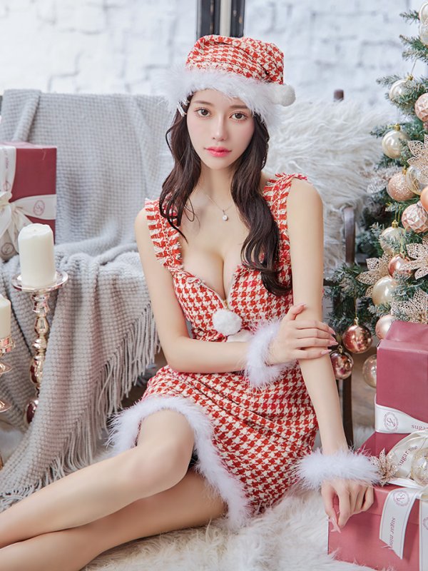 画像9: SALE!【サンタコス 4点セット】【XS-XLサイズ/2カラー】チェーンモチーフフロントジップタイトドレスサンタコスプレ[YMT] (9)