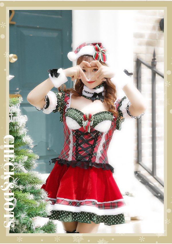 画像4: 【即日発送】【クリスマスコスプレ7点セット】【Malymoon/マリームーン】ドットチェックサンタクロース【フリーサイズ/1カラー】[YMT] (4)