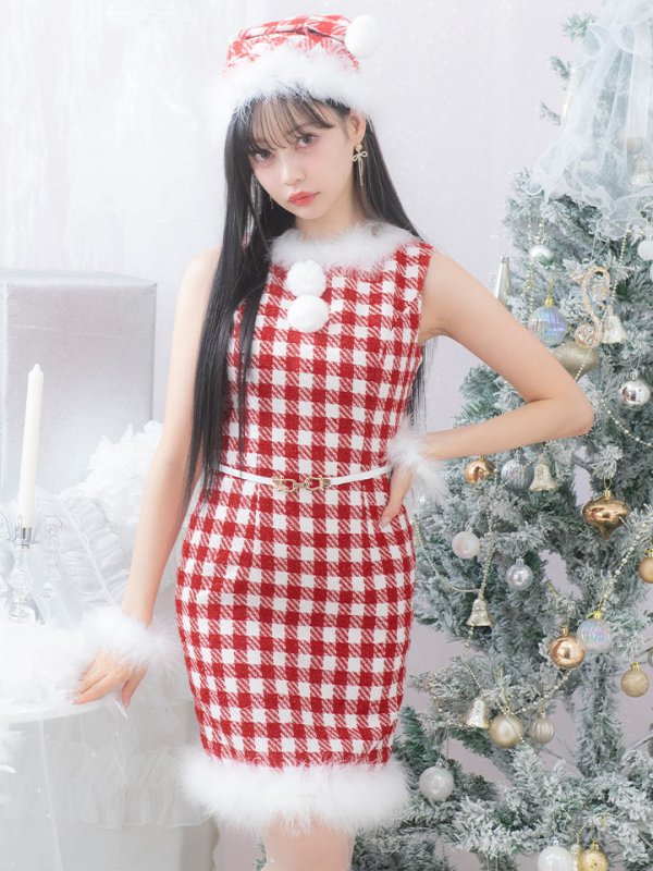 画像3: 【サンタコス 5点セット】【XS-XLサイズ/2カラー】ギンガムチェックタイトワンピースサンタコスプレ[YMT] (3)