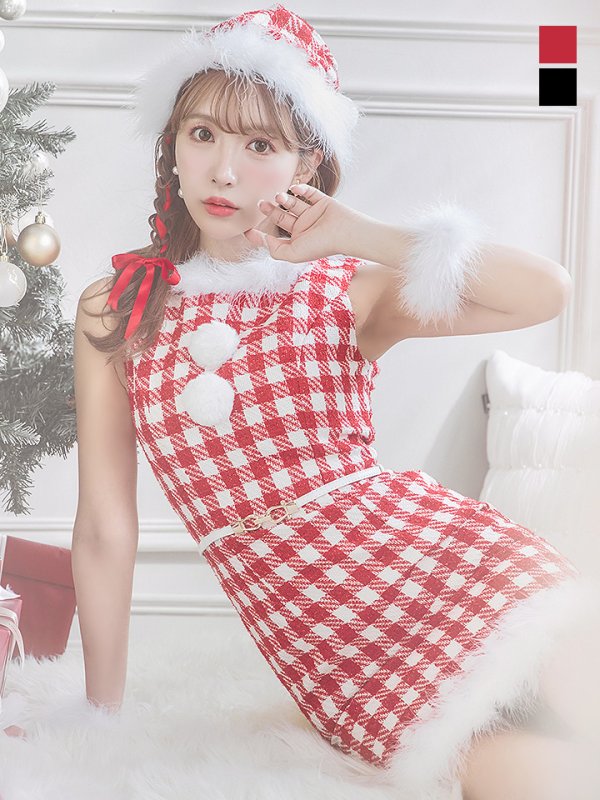 画像10: 【サンタコス 5点セット】【XS-XLサイズ/2カラー】ギンガムチェックタイトワンピースサンタコスプレ[YMT] (10)