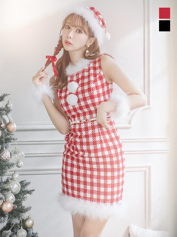 画像11: 【サンタコス 5点セット】【XS-XLサイズ/2カラー】ギンガムチェックタイトワンピースサンタコスプレ[YMT] (11)