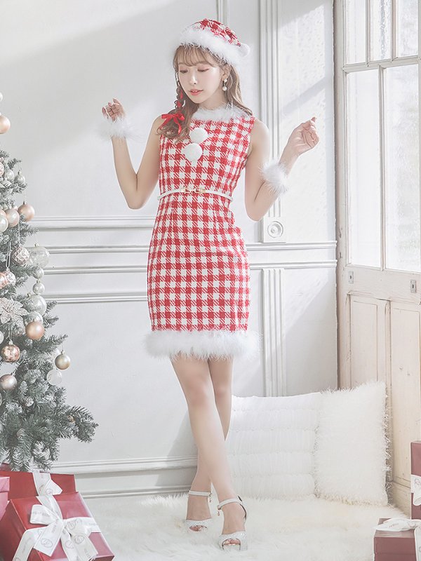画像13: 【サンタコス 5点セット】【XS-XLサイズ/2カラー】ギンガムチェックタイトワンピースサンタコスプレ[YMT] (13)
