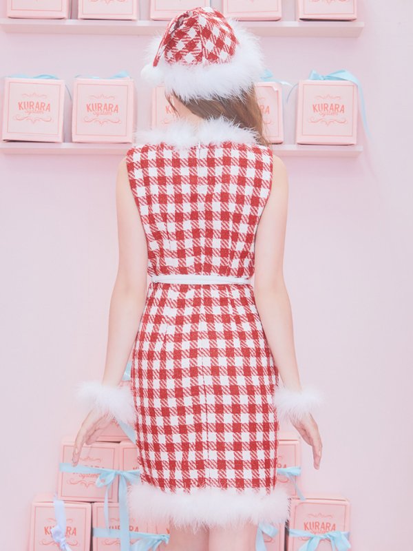 画像9: 【サンタコス 5点セット】ギンガムチェック タイトワンピースサンタコスプレ【XS-XLサイズ/2カラー】[YMT] (9)
