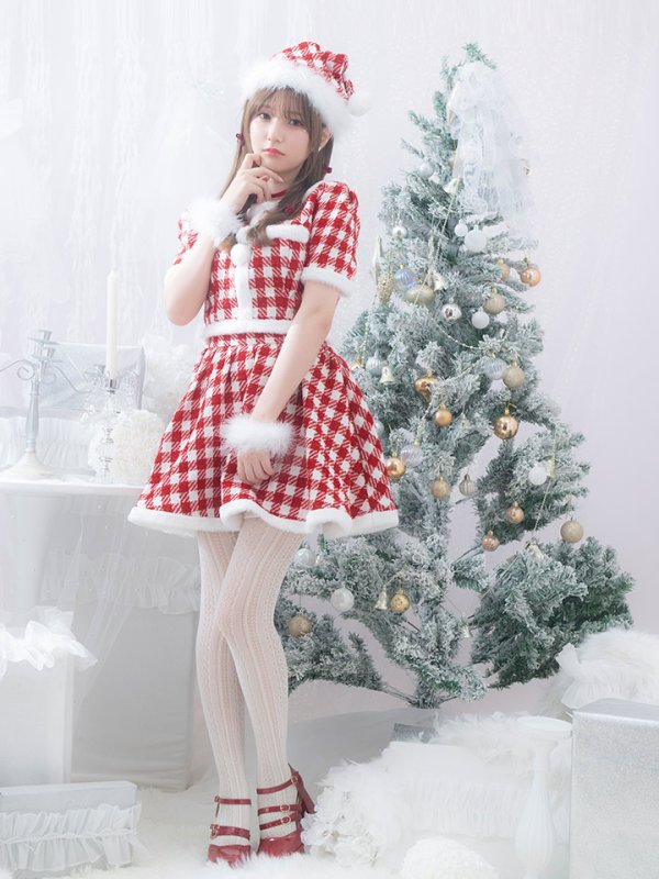 画像10: 【即日発送！】【サンタコス 5点セット】【XS-Lサイズ/2カラー】ギンガムチェック セットアップフレアサンタコスプレ[YMT] (10)