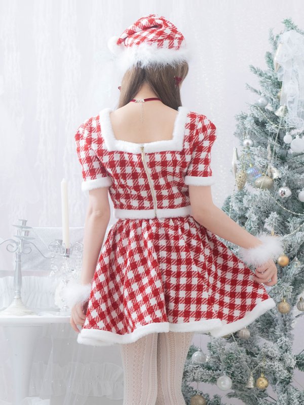 画像11: 【即日発送！】【サンタコス 5点セット】【XS-Lサイズ/2カラー】ギンガムチェック セットアップフレアサンタコスプレ[YMT] (11)