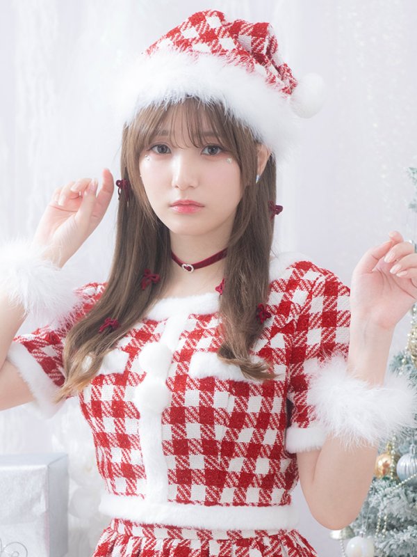 画像12: 【即日発送！】【サンタコス 5点セット】【XS-Lサイズ/2カラー】ギンガムチェック セットアップフレアサンタコスプレ[YMT] (12)