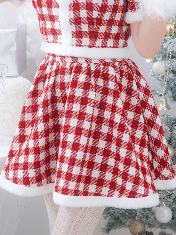 画像13: 【即日発送！】【サンタコス 5点セット】【XS-Lサイズ/2カラー】ギンガムチェック セットアップフレアサンタコスプレ[YMT] (13)