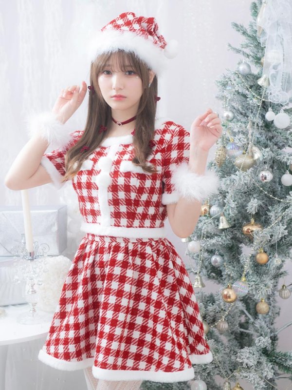 画像1: 【即日発送！】【サンタコス 5点セット】【XS-Lサイズ/2カラー】ギンガムチェック セットアップフレアサンタコスプレ[YMT] (1)