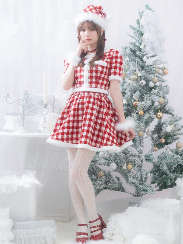 画像3: 【即日発送！】【サンタコス 5点セット】【XS-Lサイズ/2カラー】ギンガムチェック セットアップフレアサンタコスプレ[YMT] (3)