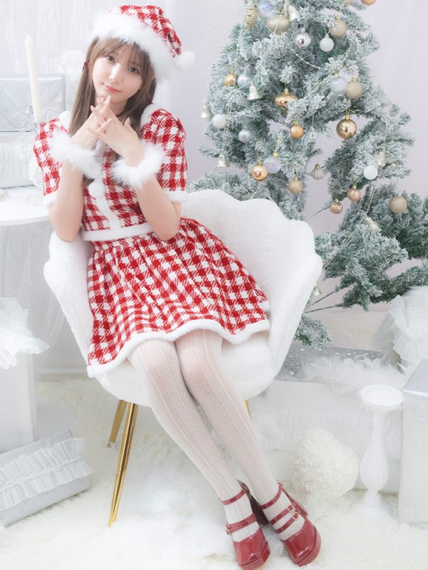 画像6: 【即日発送！】【サンタコス 5点セット】【XS-Lサイズ/2カラー】ギンガムチェック セットアップフレアサンタコスプレ[YMT] (6)