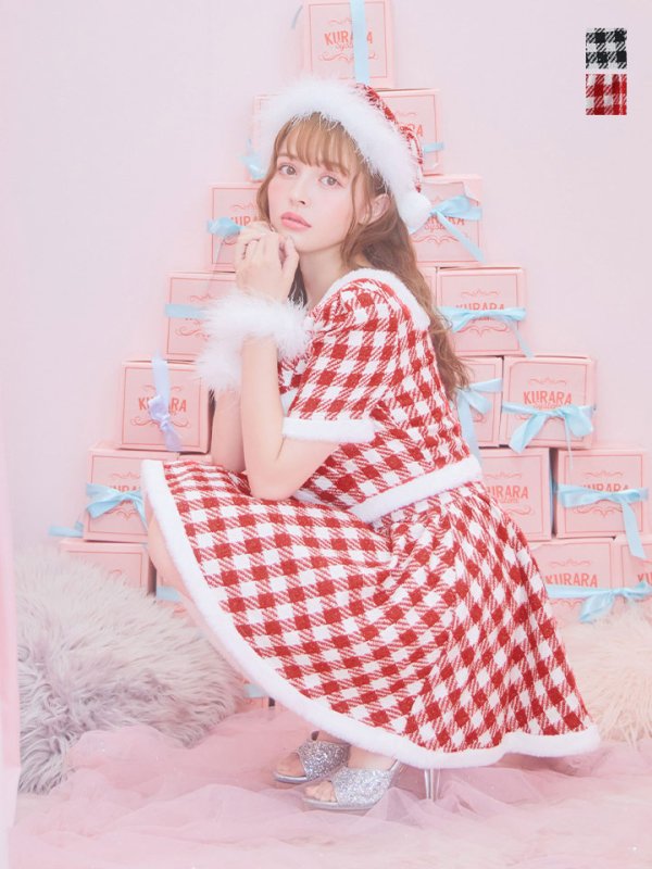 画像1: 【即日発送！】【サンタコス 5点セット】【XS-Lサイズ/2カラー】ギンガムチェック セットアップフレアコスプレ[YMT] (1)