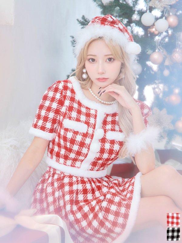 画像2: 【即日発送！】【サンタコス 5点セット】【XS-Lサイズ/2カラー】ギンガムチェック セットアップフレアサンタコスプレ[OF01] (2)