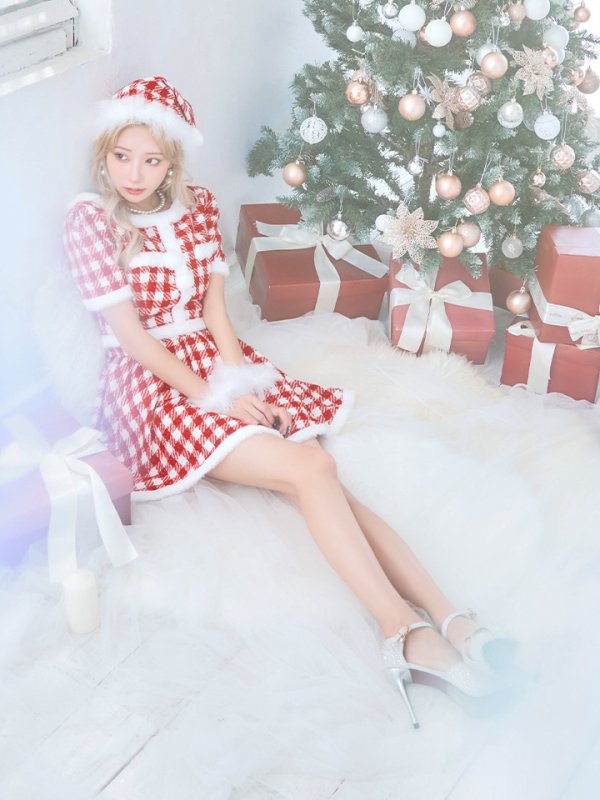 画像8: 【即日発送！】【サンタコス 5点セット】【XS-Lサイズ/2カラー】ギンガムチェック セットアップフレアサンタコスプレ[OF01] (8)