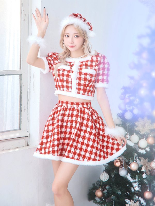 画像9: 【即日発送！】【サンタコス 5点セット】【XS-Lサイズ/2カラー】ギンガムチェック セットアップフレアサンタコスプレ[OF01] (9)