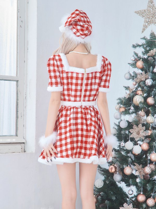 画像15: 【即日発送！】【サンタコス 5点セット】【XS-Lサイズ/2カラー】ギンガムチェック セットアップフレアサンタコスプレ[OF01] (15)