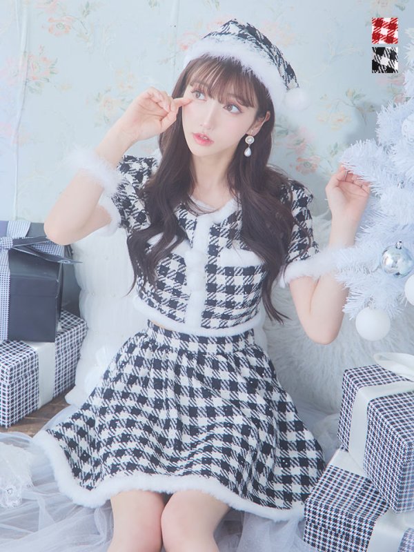 画像2: 【即日発送！】【sugar nine サンタコス 5点セット】【XS-Lサイズ/2カラー】ギンガムチェック セットアップフレアサンタコスプレ[YMT] (2)