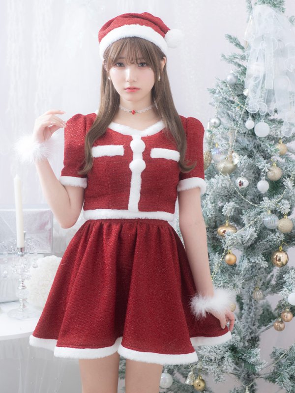 画像5: 【即日発送！】【サンタコス 5点セット】【XS-Lサイズ/2カラー】ラメツイードセットアップサンタ[YMT] (5)